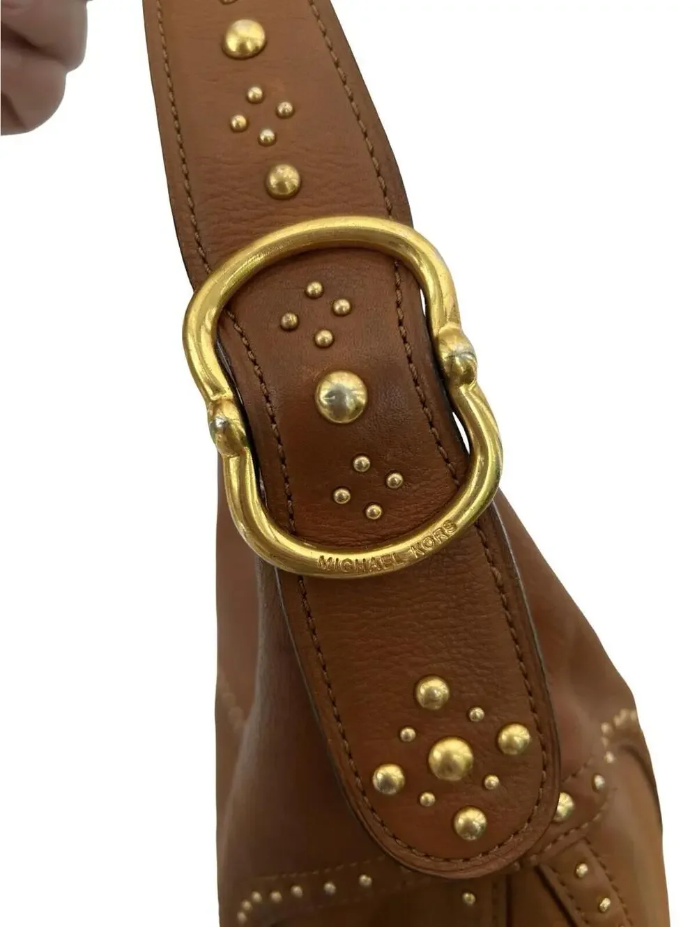 Michael Kors Brown Leather Studded Hobo Shoulder Bag Large Brass‎ Hardware